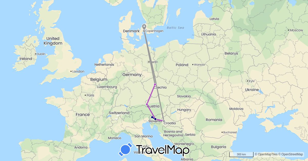 TravelMap itinerary: driving, plane, train in Austria, Czech Republic, Denmark, Croatia, Slovenia (Europe)